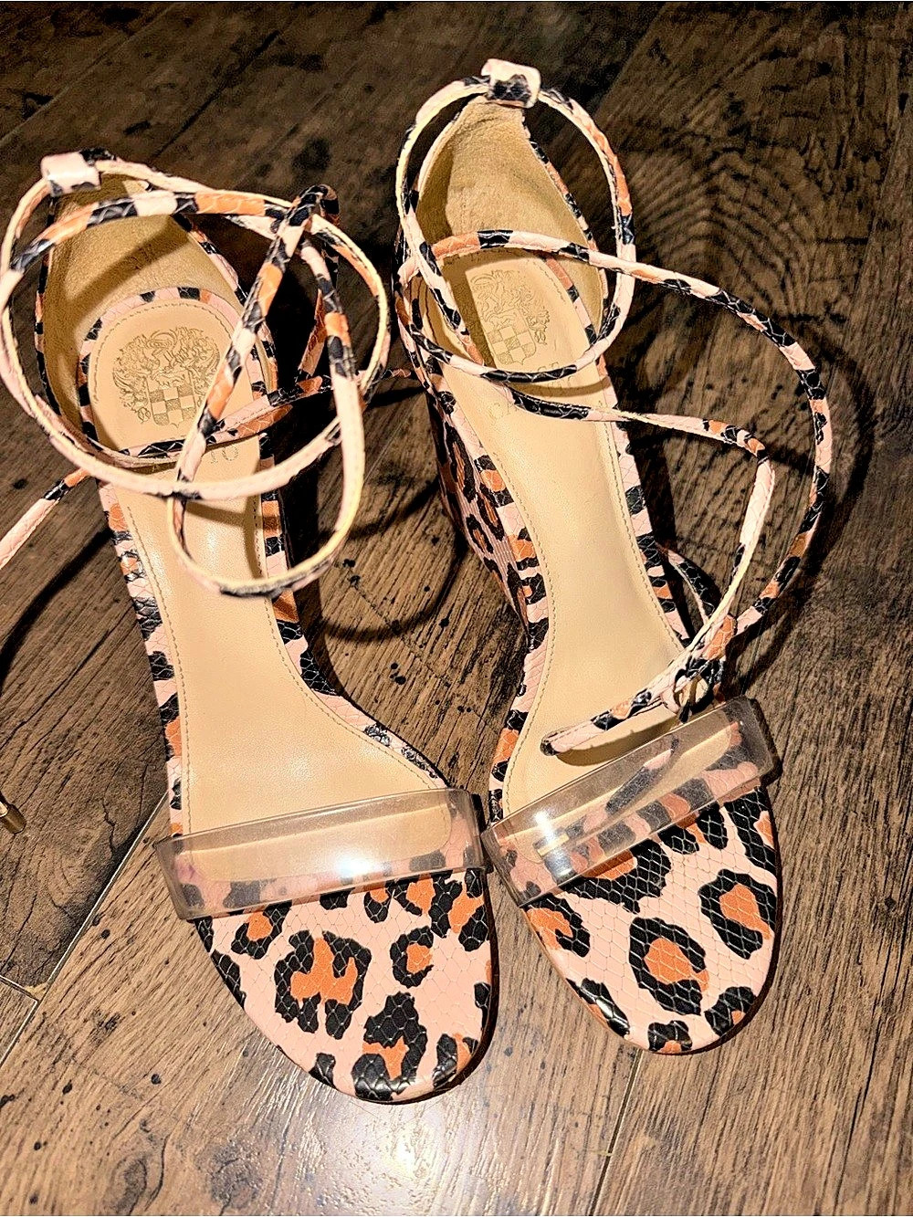 Vince Camuto Pink Animal Print Faux Leather Strappy Block Heel Ankle Strap 7.5